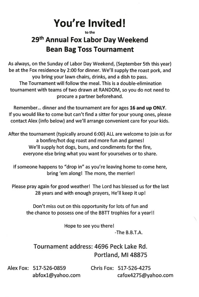 29th Annual Fox Labor Day Weekend Bean Bag Toss Tournament Info