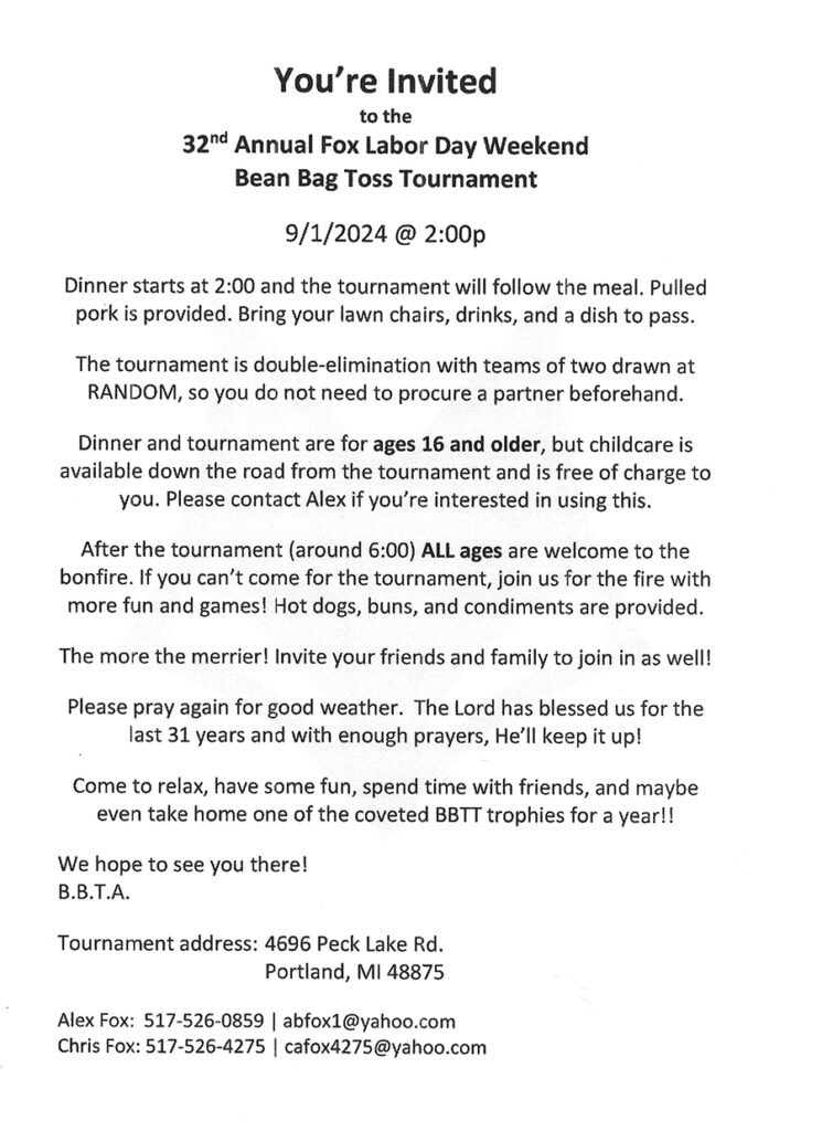 Information for the Fox Annual Labor Day Weekend Bean Bag Toss Tournament